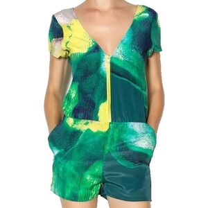 AS by DF. Green and Yellow 1/4'‎ Zipper Silk Romper. Size 4.